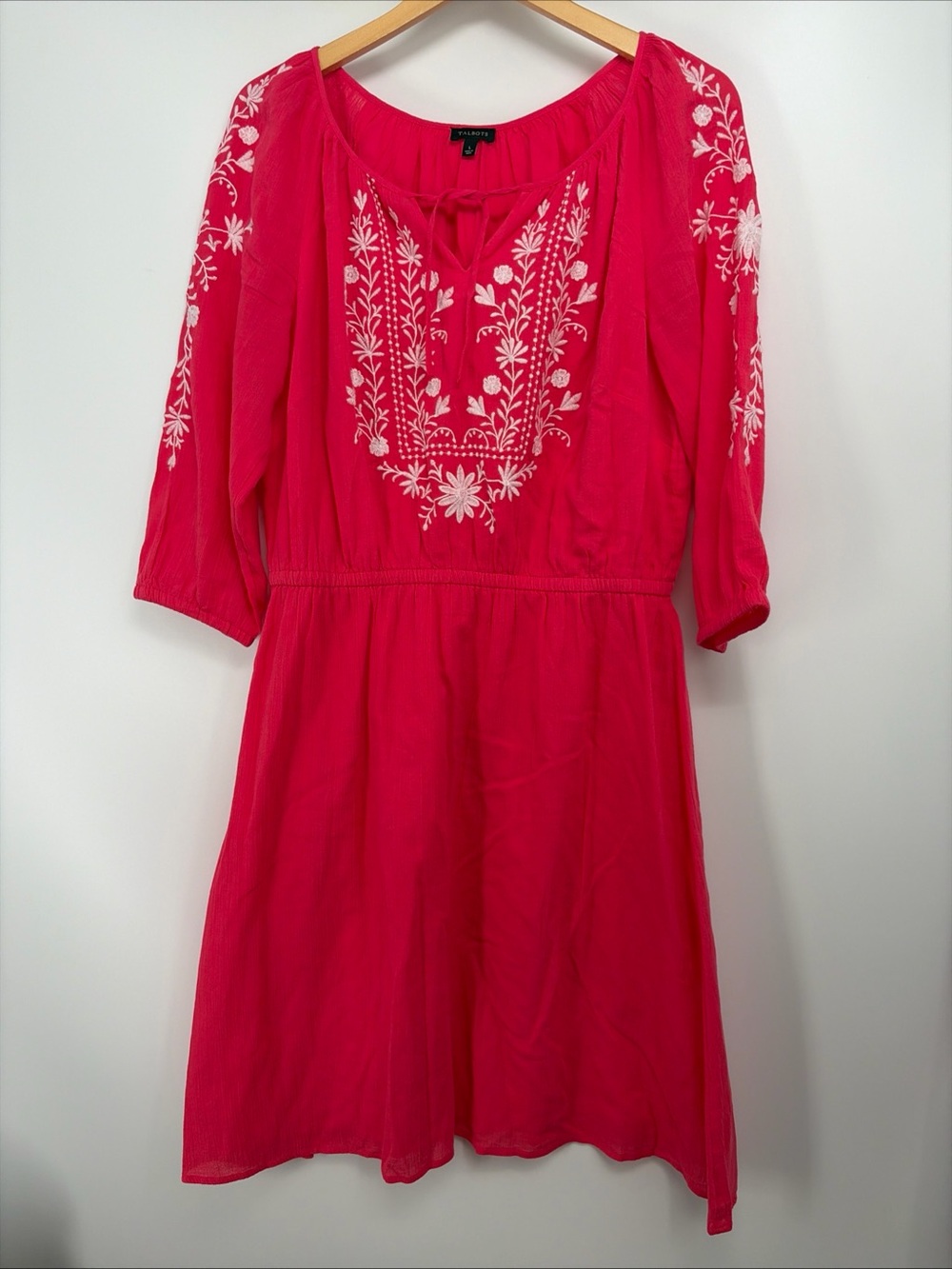 Talbots Pink Cotton Gauze Embroidered Boho Peasant Dress L
